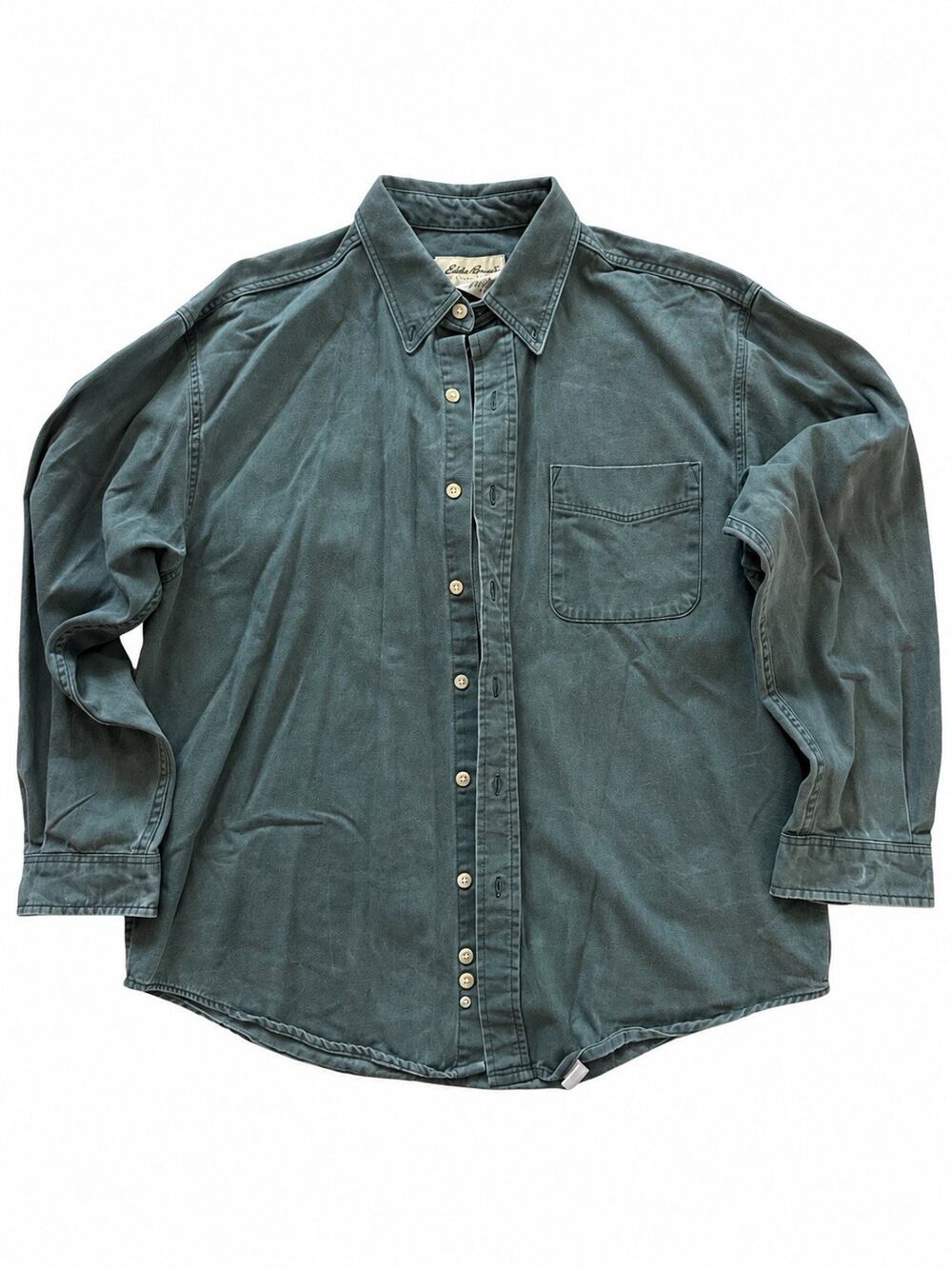Eddie Bauer Men L Button Down Shirt Faded Blue Gray Cotton Oversized Vintage